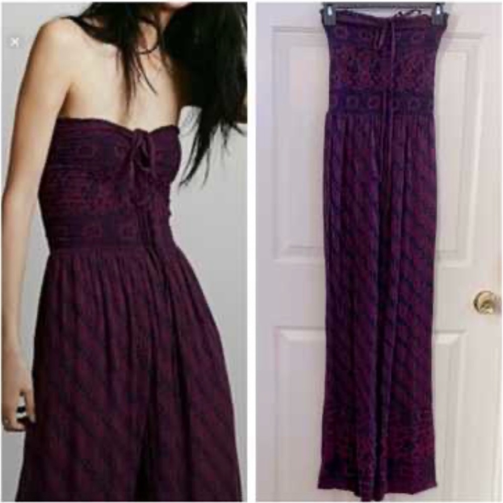 Free People Purple and Navy Patterned Boho Beachy Jumpsuit | Vintage